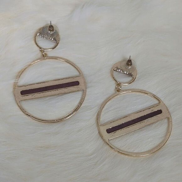 Women’s Gold Tone & Wood Circle Hoop Earrings Statement Handmade - Picture 3 of 5